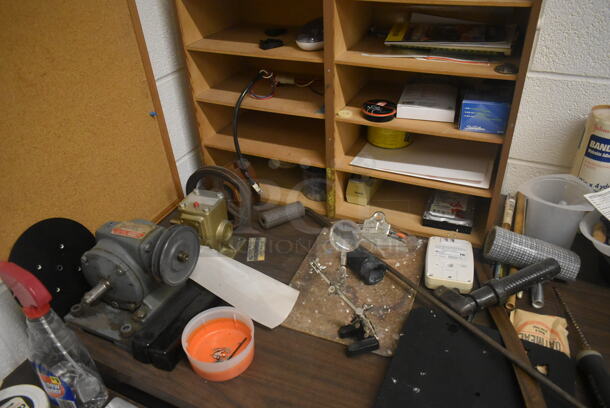 Black Metal Desk w/ Wood Pattern Desktop and Contents Including Bottles, Screws. Includes 30x60x30. BUYER MUST REMOVE. - Image 11 of 12