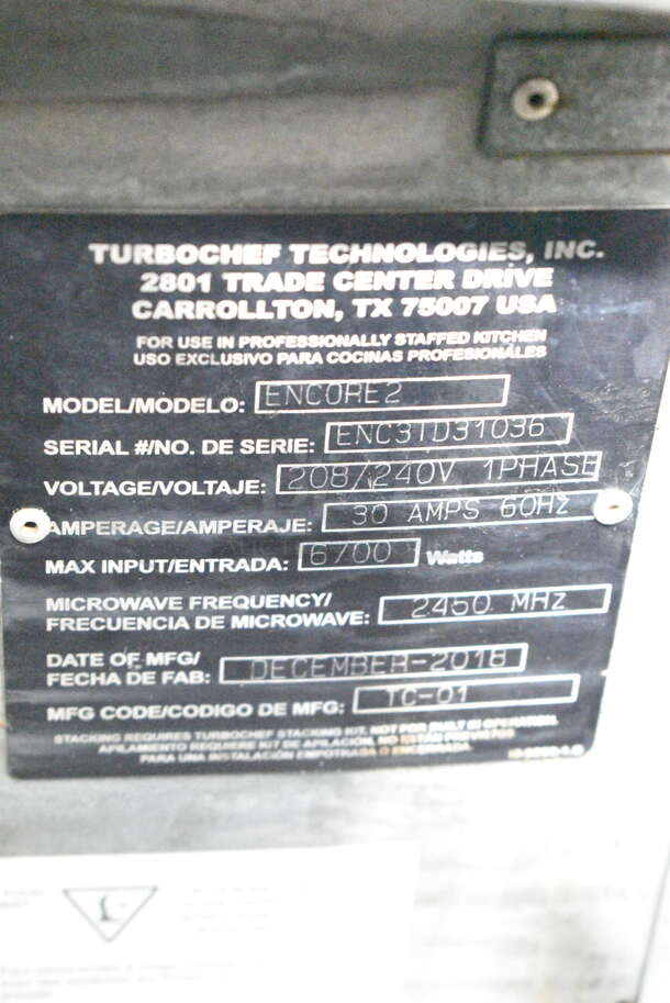 2018 Turbochef Encore 2 Stainless Steel Commercial Countertop Electric Powered Rapid Cook Oven. 208/240 Volts, 1 Phase.  - Image 7 of 8