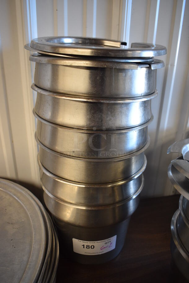 6 Stainless Steel Cylindrical Drop In Bins w/ 3 Lids. 9.5x9.5x8.5. 6 Times Your Bid!