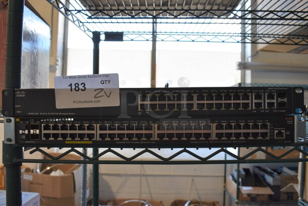 2 Rack Units; Cisco SF300-24P 24 Port 10/100 PoE Managed Switch and Aruba 2930F Switch. 19x12x1.5, 19x10x1.5. 2 Times Your Bid!