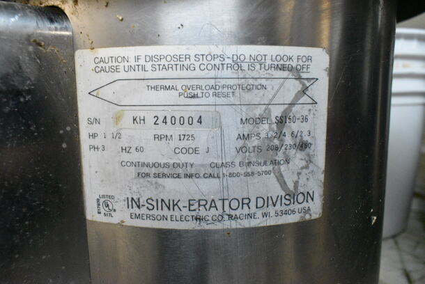 Insinkerator ISE SS 150 Stainless Steel Commercial Garbage Disposal. 208/230/460 Volts, 3 Phase. This Unit Was In Working Condition When the Restaurant Closed.  (kitchen) - Image 2 of 2