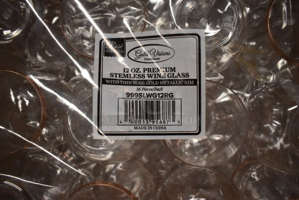 2 BRAND NEW SCRATCH AND DENT! Visions 347SLWG12RG 12 oz. Heavy Weight Clear Plastic Stemless Wine Glass with Rose Gold / Copper Rim - 64/Case. 2 Times Your Bid! - Image 5 of 6