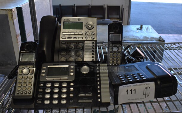 4 Various Items; 2 Corded Telephones, 1 Phone in Cradle and Console. Includes 7x5x2. 4 Times Your Bid!