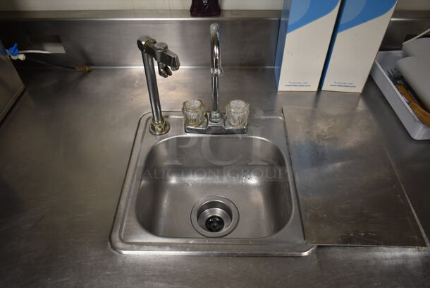 Stainless Steel Commercial Table w/ Sink Bay, Faucet, Handles, Back Splash and Under Shelf. Does Not Include Contents. BUYER MUST REMOVE. (ice room) - Image 7 of 9
