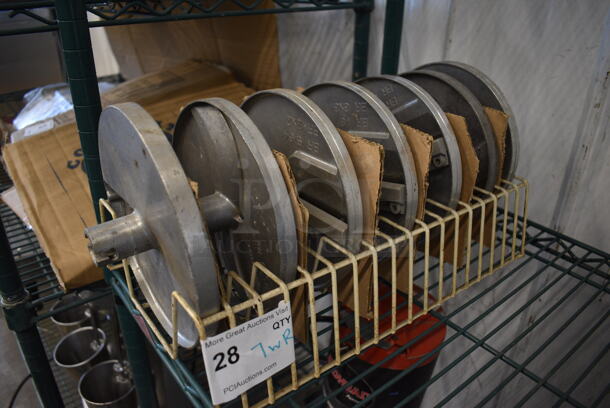 7 Various Robot Coupe Metal Food Processor Blades w/ Rack. Includes WA 5/32" GA 4, E/S 3-1/8", BR 1/8" BR 3x3, BR 5/32" BR 4x4, BR 5/64" BR 2x2. Goes GREAT w/ Lots 33 and 56! 7.5x7.5x3. 7 Times Your Bid! - Image 12 of 12