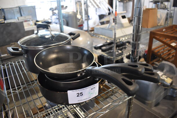 5 Various Metal Items; Stock Pot w/ Lid, Skillet and 3 High Walled Skillets. Includes 15x8.5x2. 5 Times Your Bid!