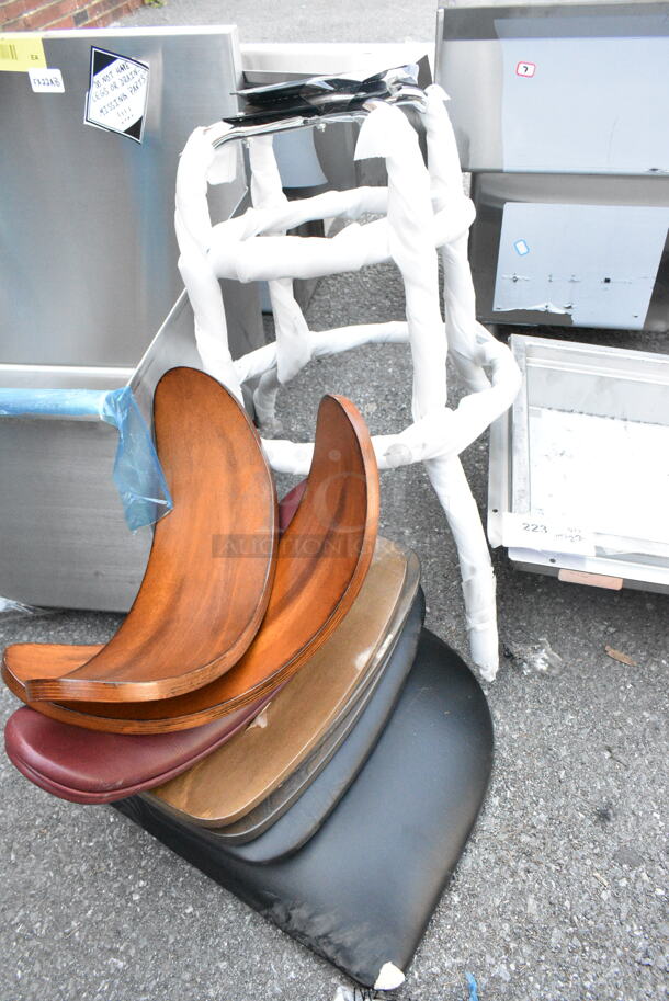 BRAND NEW SCRATCH AND DENT! Lot of 9 Various Pieces to Chairs Including Wooden Back Rests, Black Seat Cushion and Metal Stool Frame.   - Image 1 of 7