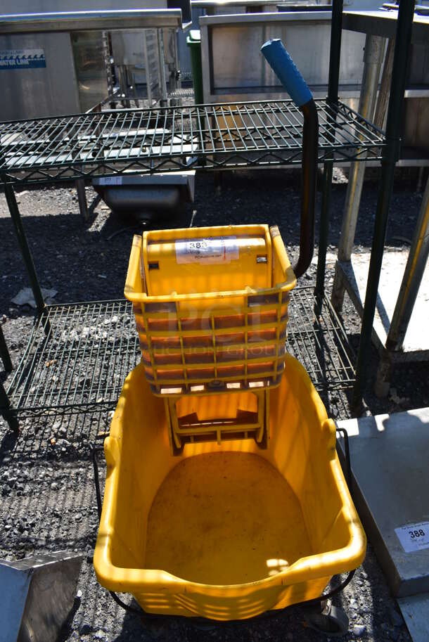 Yellow Poly Mop Bucket w/ Wringing Attachment on Commercial Casters. 14x22x34