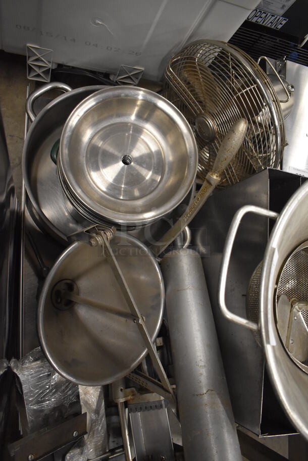 ALL ONE MONEY! Lot of Various Metal Items Including Rolling Pin, Sifter, Dome Lids, Blade, Scraper and Fry Cutter - Image 3 of 4