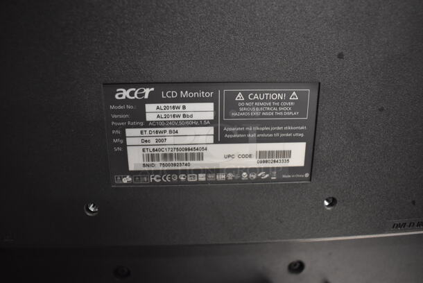 Acer AL2016W B 20" LCD Monitor w/ Power Cord and HD Cord - Image 5 of 7
