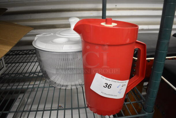 ALL ONE MONEY! Lot of 2 Poly Units; Lettuce Salad Spinner and Pitcher. 8x5.5x9.5, 10x10x10