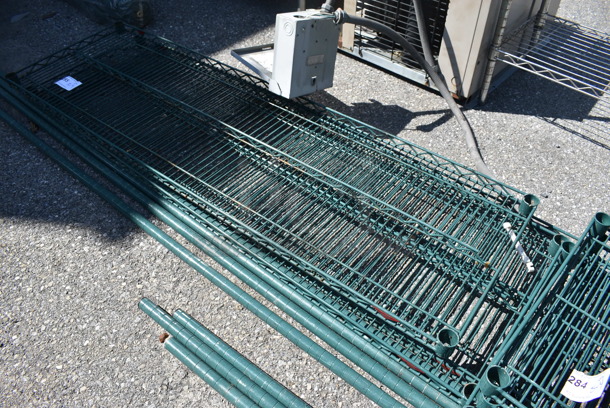 ALL ONE MONEY! Lot of 3 Green Finish Shelves and 4 Poles! 60x18x1.5, 74" - Image 3 of 3