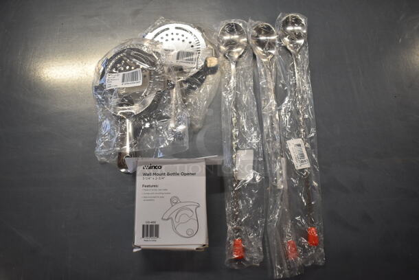 ALL ONE MONEY! Lot of 6 BRAND NEW! Items; 3 Long Spoons, 2 Strainers and Wall Mount Bottle Opener