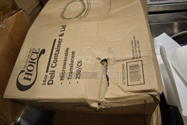 PALLET LOT of 22 BRAND NEW Boxes Including 2 Box 612LOB225LBC Choice 2.25 lb. Oblong Foil Take-Out Container with Board Lid - 250/Case, 128HD64LBULK ChoiceHD 64 oz. Microwavable Translucent Heavy Plastic Deli Lid - 100/Case, 119060 Resin Can Liners, 127RD16COMBO Choice 16 oz. Customizable Microwavable Clear Round Deli Container and Lid Combo Pack - 250/Case, 760PIC08 Choice 8 oz. Clear Plastic Dessert Cup - 1000/Case, 3 Box Choice Plastic T Shirt Bags. 22 Times Your Bid! - Image 12 of 12