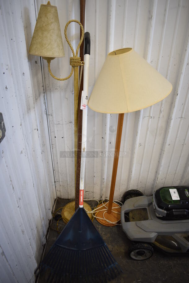 ALL ONE MONEY! Lot of 4 Various Items; 2 Lamps and 2 Rakes. Includes 54