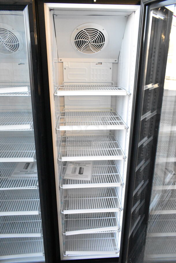 BRAND NEW SCRATCH AND DENT! Galaxy 177GDN5RBB Metal Commercial Single Door Reach In Cooler Merchandiser w/ Poly Coated Racks and Red, White, and Blue LED Lighting. 110-120 Volts, 1 Phase. Tested and Working! - Image 3 of 6