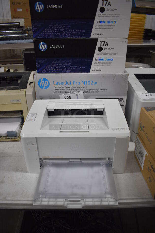 IN ORIGINAL BOX! HP LaserJet Pro M102w Countertop Printer w/ 2 BRAND NEW BOXES of HP Laserjet 17A Ink. 13.5x16x8 - Image 1 of 7