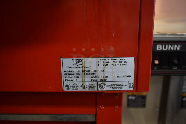 Duke DPAH-3HF M Metal Commercial 3 Well Steam Table w/ Sneeze Guard and 3 Lids on Commercial Casters. 120 Volts, 1 Phase. Tested and Working! - Image 4 of 7