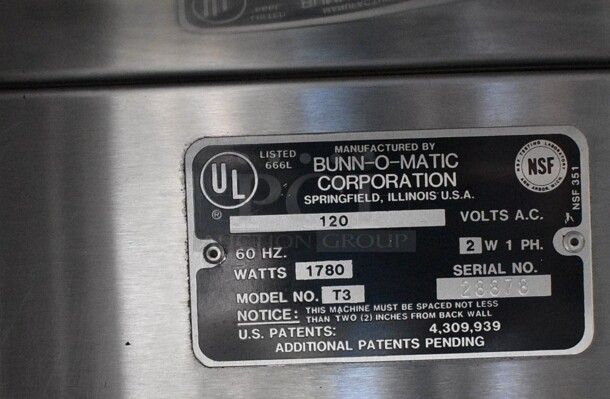 Bunn Model T3 Stainless Steel Commercial Countertop Iced Tea Machine w/ Beverage Holder Dispenser and Poly Brew Basket. No Lid. 120 Volts, 1 Phase. 9.5x19x30 - Image 4 of 5
