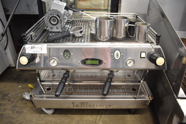 2015 La Marzocco GB5-EE Stainless Steel Commercial Countertop 2 Group Espresso Machine w/ 2 Portafilters and 2 Steam Wands. 220 Volts, 1 Phase.  - Image 1 of 9