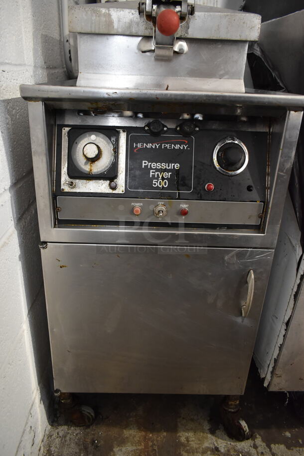 Henny Penny 500 Stainless Steel Commercial Floor Style Electric Powered Deep Fat Pressure Fryer on Commercial Casters. 220 Volts, 3 Phase.  - Image 6 of 9