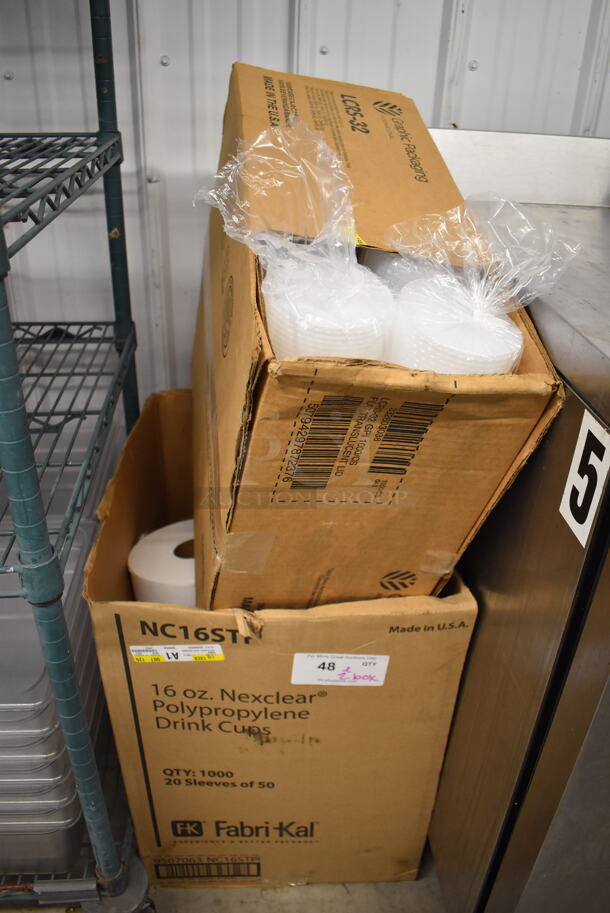 ALL ONE MONEY! Lot of 2 Boxes of Paper Product; Plastic Lids and Commercial Toilet Paper - Image 1 of 3