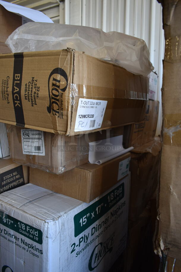 PALLET LOT of 40 BRAND NEW! Boxes Including 2 Box 795PTOKFT8 Choice Kraft Microwavable Folded Paper #8 Take-Out Container 6" x 4 5/8" x 2 1/2" - 300/Case, 795PTOWHT3 Choice 7 3/4" x 5 1/2" x 2 1/2" White Microwavable Folded Paper #3 Take-Out Container - 200/Case, 2 Box 129MCR16B Choice 16 oz. Black 6 1/4" Round Microwavable Heavy Weight Container with Lid - 150/Case, 2 Box 5002DNAP Choice White 2-Ply Dinner Napkin 17" x 15" - 3000/Case, 90MFPPHT3R Dart ProPlanet Hinged Trays, 129MCR32B Choice 32 oz. Black Round Microwavable Heavy Weight Container with Lid 7 1/4" - 150/Case, 105GC47972 Choice 2 Part Green and White Carbonless Guest Check with Beverage Lines and Bottom Guest Receipt - 2000/Case, 2 Box Ghiradrdelli White Chocolate Flavored Sauce, Noble Medium Gloves, 128HD16COMBO ChoiceHD 16 oz. Microwavable Translucent Plastic Deli Container and Lid Combo Pack - 240/Case, T-Shirt Bags, GS18 American Metalcraft GS18 18" Round Wrought Iron Griddle with Matching Stand, Choice 16 oz Deli Container and Lid, 40313CDRSS Choice 13 Qt. Stainless Steel Colander with Base and Handles, Choice Insulated Foil Sandwich Sheets. 40 Times Your Bid! - Image 7 of 11