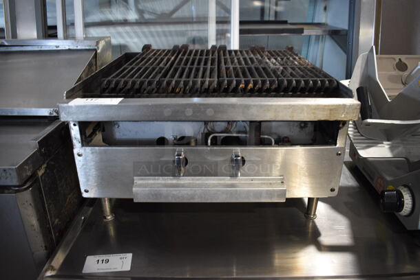 Commercial Stainless Steel Natural Gas Powered Countertop Charbroiler On Galvanized Legs.