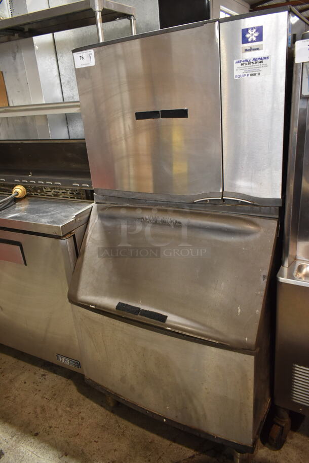 Manitowoc SY0454A Stainless Steel Commercial Ice Machine Head on Commercial Ice Bin. 115 Volts, 1 Phase. 