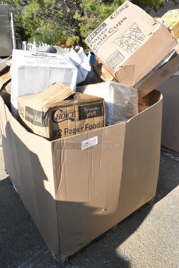 25 BRAND NEW Boxes Including Dart 60HT1 White Foam Hinged Lid Container 6" x 6" x 3" - 500/Case, 760PCC20 20 oz. Compostable PLA Paper Cold Cup, 200HD25-EO Choice 1/6 Standard Size Black Unprinted Embossed Heavy-Duty Plastic T-Shirt Bag, Gill BASE00151, 347TNYMRG2 Visions 2 oz. Clear Plastic Mini Margarita Glass - 120/Case. 25 Times Your Bid!  - Image 1 of 12