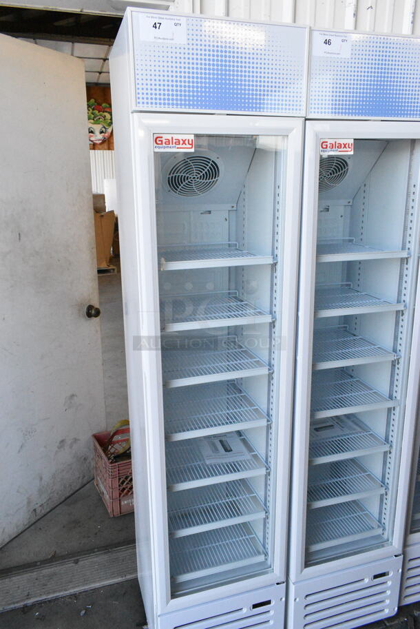 BRAND NEW SCRATCH AND DENT! Galaxy 177GDN5RBW Metal Commercial Single Door Reach In Cooler Merchandiser w/ Poly Coated Racks and Red, White, and Blue LED Lighting. 110-120 Volts, 1 Phase. Tested and Working! - Image 2 of 6