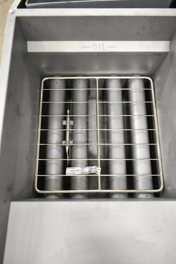 BRAND NEW SCRATCH AND DENT! Vulcan 1VEG50M-1 Stainless Steel Commercial Floor Style Natural Gas Powered Deep Fat Fryer. Missing Back Piece. 85,000 BTU  - Image 4 of 7