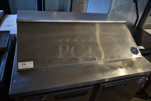 2014 Leader ESLM48S/C Stainless Steel Commercial Sandwich Salad Prep Table Bain Marie Mega Top on Commercial Casters. 115 Volts, 1 Phase. Tested and Powers On But Does Not Get Cold
 - Image 2 of 8