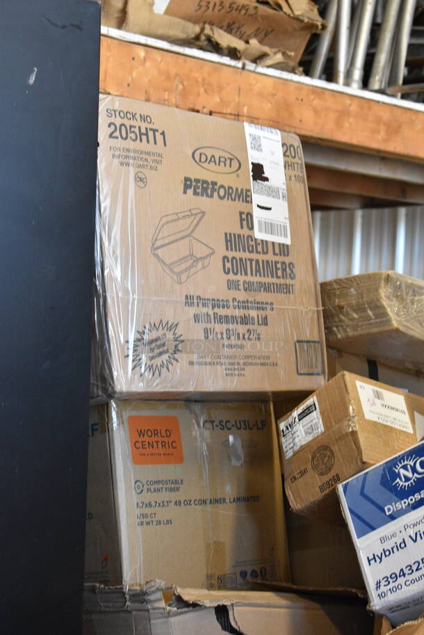 PALLET LOT of 15 BRAND NEW Boxes Including Dart 205HT1 White Foam Take Out Container with Perforated Hinged Lid 9" x 6" x 3" - 200/Case, CT-SC-U3L-LP World Centric 48 oz. PLA Lined Compostable Fiber Box - 400/Case, 394325XL Noble NexGen Powder-Free Disposable Blue Hybrid 3 Mil Thick Gloves - Extra Large - 1000/Case, 5014046XXH Lavex Pro 45 Gallon 3 Mil 40" x 46" Low Density Heavy-Duty Industrial Contractor Black Trash Bag / Can Liner - 50/Case, 394365L Noble Products Powder-Free Disposable Clear Vinyl Gloves for Foodservice - Large - 1000/Case, 245CB12PLN Choice 12" x 12" x 2" Kraft Customizable Corrugated Plain Pizza Box - 50/Case, 2 Box 129MCR50B Choice 43 oz. Black Round Microwavable Heavy Weight Container with Lid 9" - 150/Case. 15 Times Your Bid!  - Image 2 of 11