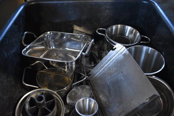 ALL ONE MONEY! Lot of Various Metal Items Including Jiggers, Bowls and Buckets in Black Poly Bus Bin! - Image 4 of 5