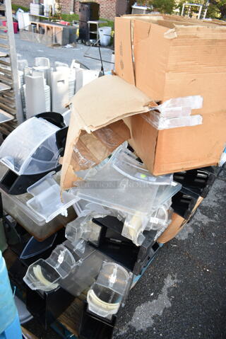 PALLET LOT of Various Items Including Poly Cereal Dispensers and Poly Bins.