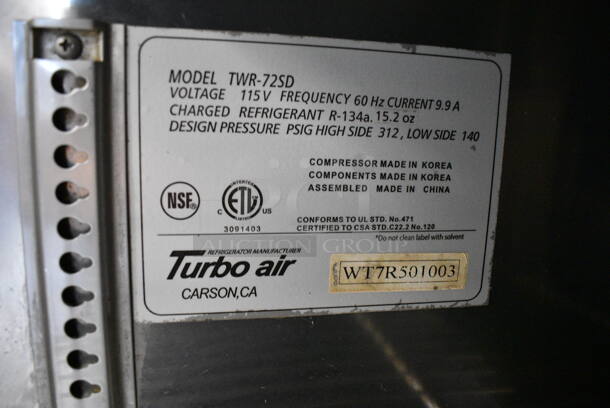 Turbo Air TWR-72SD Stainless Steel Commercial 3 Door Undercounter Cooler on Commercial Casters. 115 Volts, 1 Phase. Tested and Powers On But Does Not Get Cold - Image 7 of 7