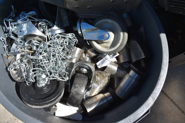 ALL ONE MONEY! Lot of Various Items Including Commercial Casters and Chain in Gray Poly Trash Can. 19x16x23 - Image 3 of 4