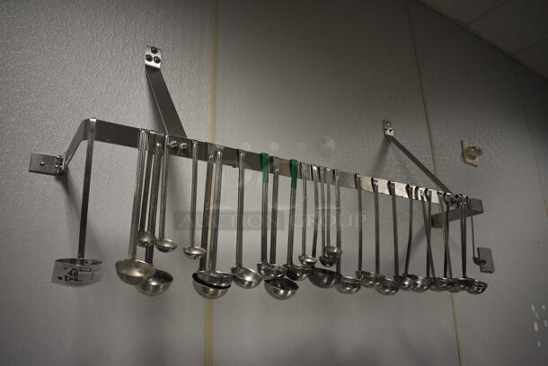 Stainless Steel Commercial Wall Mount Pot Rack w/ Various Metal Ladles. 60x12x16. BUYER MUST REMOVE. (kitchen)