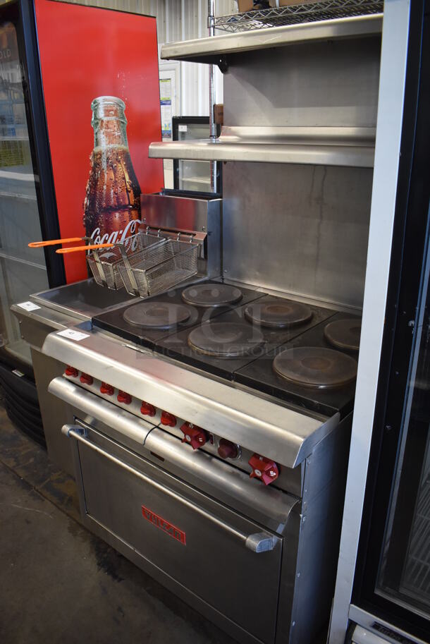 Vulcan Stainless Steel Commercial Electric Powered 6 Burner Hot Plate Range w/ Oven, 2 Tier Over Shelf and Back Splash on Commercial Casters. 240 Volts. 36x36x72 - Image 2 of 7