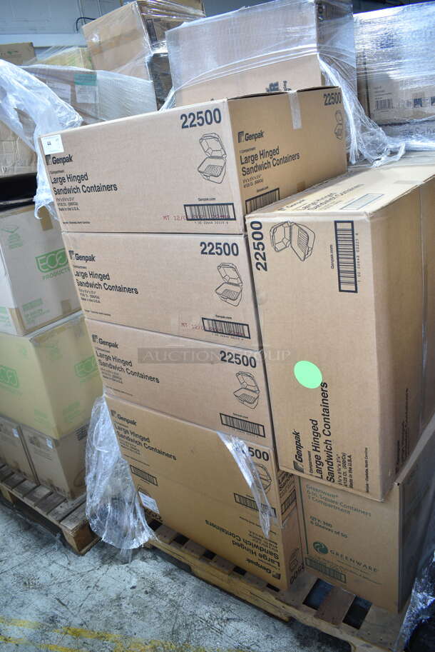PALLET LOT of 14 BRAND NEW Boxes Including Genpak 22500 Large Hinged Sandwich Containers, Greenware 6" Square Containers, Ellipso E-504 Combo Pack 4 oz Cups and Lids. 14 Times Your Bid!  - Image 2 of 7