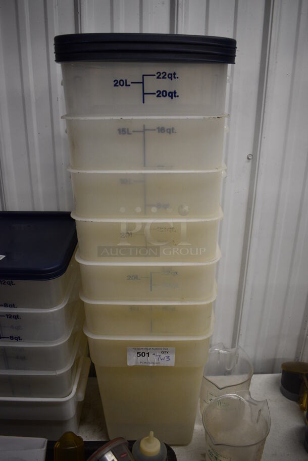 ALL ONE MONEY! Lot of 7 White Poly 22 Quart Containers w/ 3 Blue Lids! 12x11.5x15.5