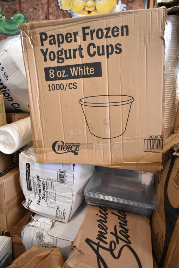 PALLET LOT of 19 BRAND NEW Boxes Including Choice 8 oz. White Paper Frozen Yogurt / Food Cup - 1000/Case, 39465XL Noble X Large Gloves, American Standard Ovalyn 0496221.020 19 1/4" x 16 1/4" White Vitreous China Single Bowl Undermount Sink, 500TO9 Choice 9" x 9" x 3" Microwavable 1-Compartment Black / Clear Plastic Hinged Container - 100/Case, 130WSPOONWP Choice Individually Wrapped Medium Weight White Plastic Teaspoon - 1000/Case, Tellus Plates, Choice Hot Cup Travel Lids. 19 Times Your Bid! - Image 7 of 9