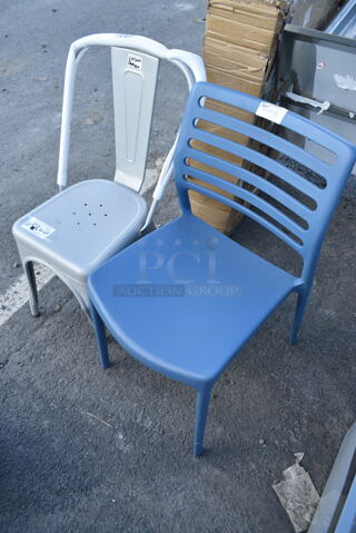2 BRAND NEW SCRATCH AND DENT! Chairs; 427CRESINSBL Blue Poly Louise Chair and Lancaster Table & Seating 164CMCAFESIL Alloy Series Silver Outdoor Cafe Chair. 2 Times Your Bid!
