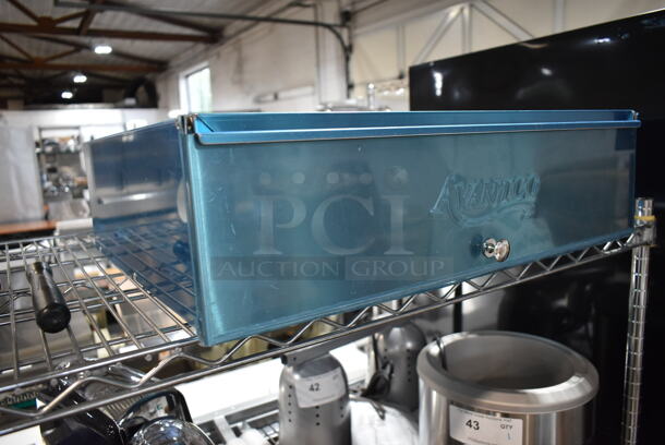 ALL ONE MONEY! Lot of Various Items including Meat Grinder Tray, Poly Beverage Dispenser, Cooking Performance Group 35121001Q003 Adjustable Foot for Electric Griddles, San Jamar CBG182412BL Saf-T-Grip® 24" x 18" x 1/2" Blue Cutting Board with Hook, Avantco Drawer.  - Image 7 of 8