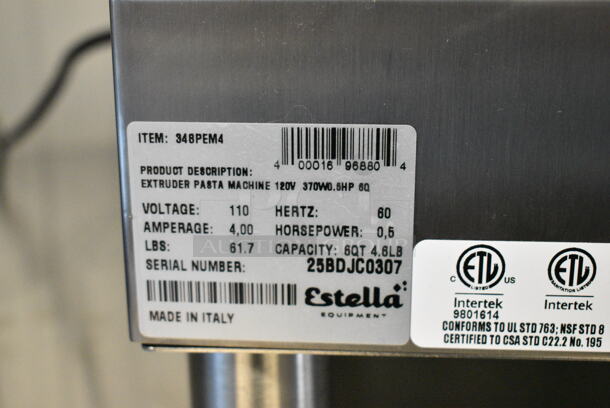 BRAND NEW SCRATCH AND DENT! Estella 348PEM4 Stainless Steel Commercial Countertop Pasta Extruder Machine. 110 Volts, 1 Phase. Tested and Working! - Image 7 of 8