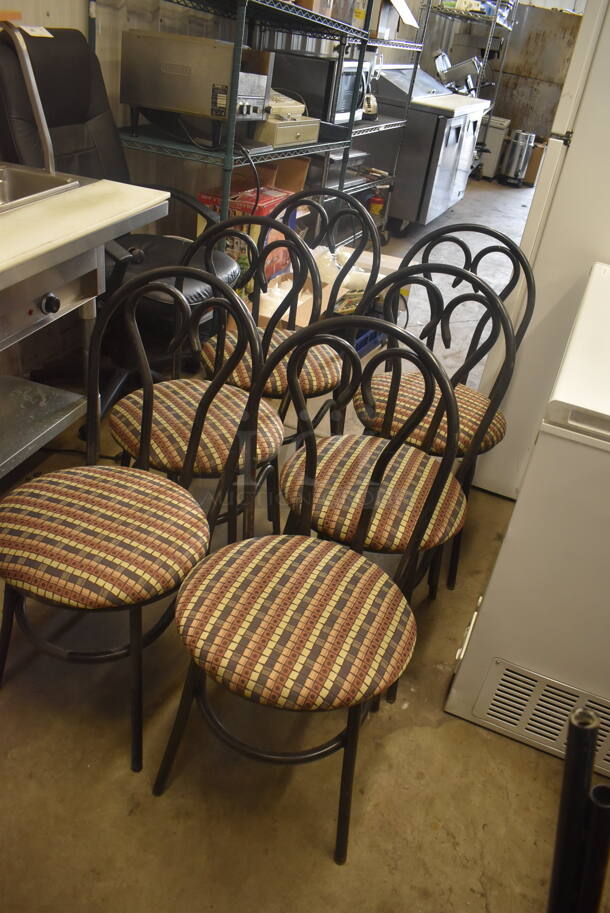 6 Black Bistro Dining Chairs with Circular Cushions. Some Pads May Need Reattached. 
Stock Picture - Cosmetic Condition May Vary. 6 Times Your Bid!
 - Image 3 of 3