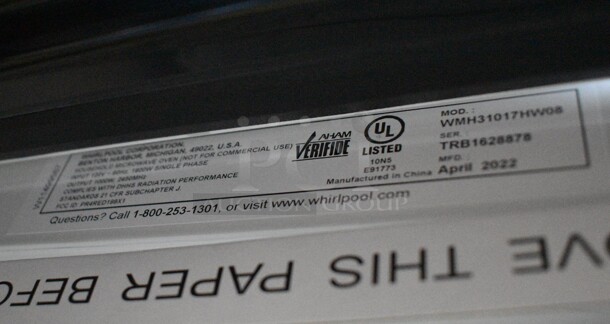 BRAND NEW! 2022 Whirlpool WMH31017HW08 Metal Microwave Oven. 120 Volts, 1 Phase. 30x16x17 - Image 6 of 7
