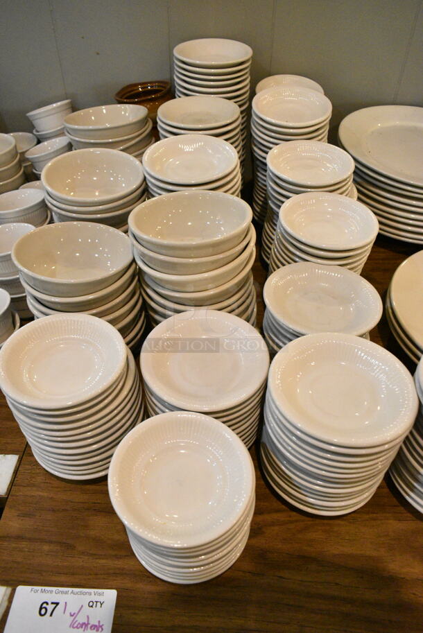 Wood Pattern Dining Height Table w/ Contents Including Ceramic Dishes. (main dining room) - Image 4 of 4