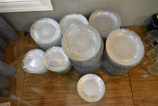 Wood Pattern Dining Height Table w/ Contents Including Clear Salad Plates. (main dining room) - Image 3 of 4